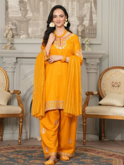 Zard Noor Mustard Embroidered 2-Piece Stitched Lawn Suit