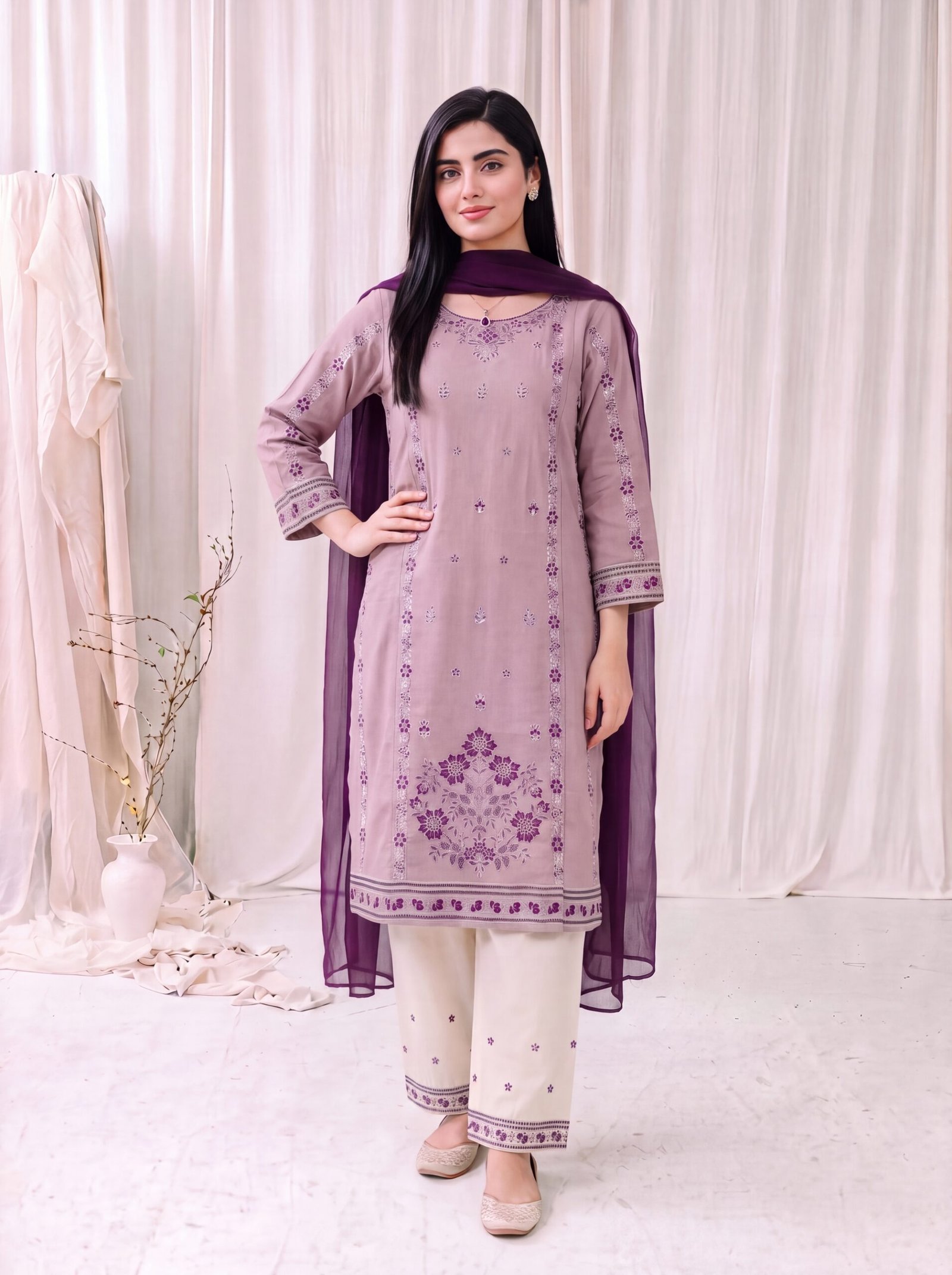 Mauve Serenity Embroidered 2-Piece Stitched Lawn Suit - Image 3