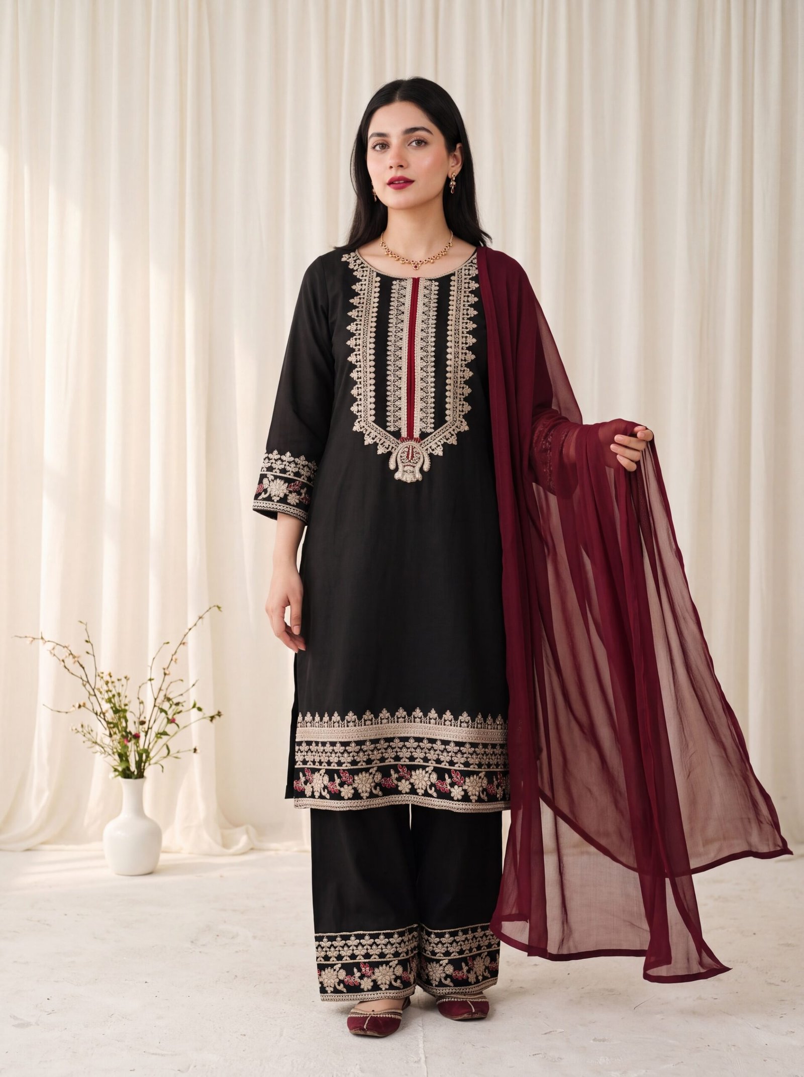 Gulnaar Noir Black Embroidered Lawn 2-Piece Stitched Suit - Image 2